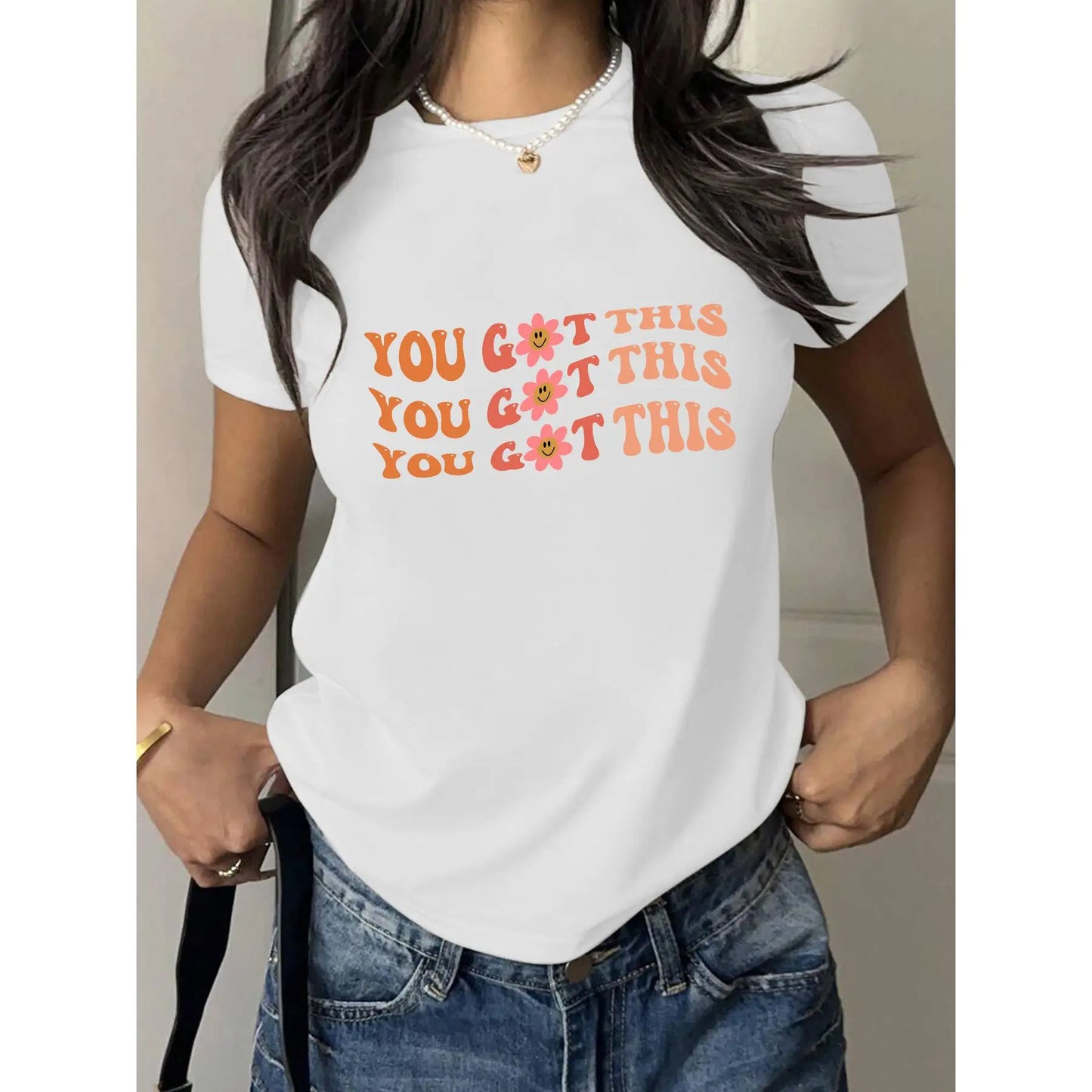 Women's Inspirational "You Got This" Flower Print T-shirt Short Sleeve Loose Casual Motivational Top Positive Boho Style