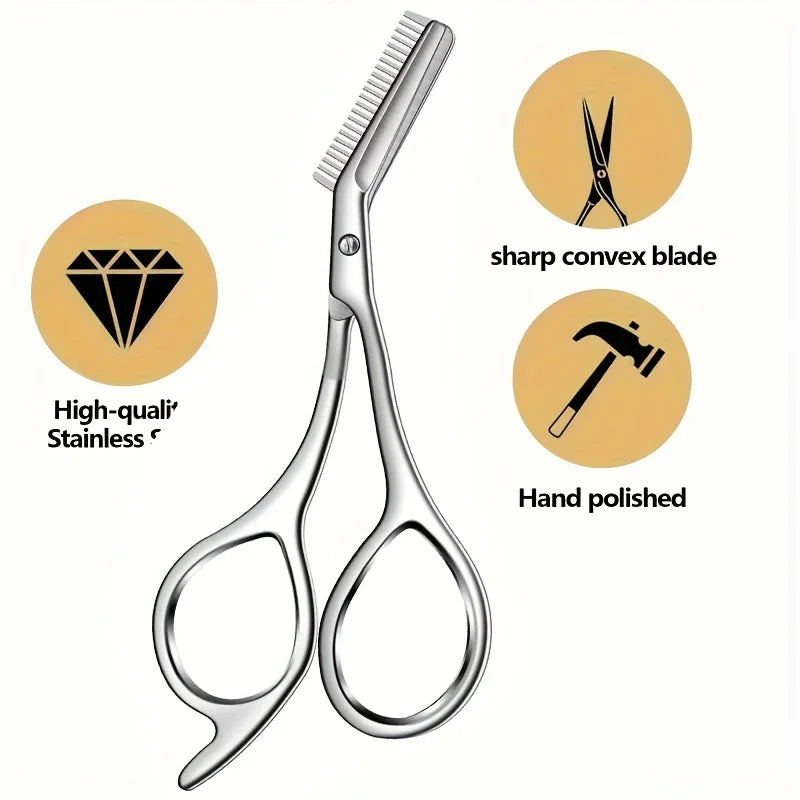 1-Piece Stainless Steel Eyebrow Trimmer with Comb, Women's Special Eyebrow Scissors, Men's Trimmer, Small Eyebrow Trimmer Set Tool, Universal for Left and Right Hands, Durable and Precise for Shaping and Trimming Halalzen