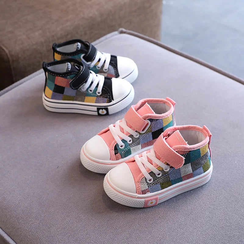 Children Canvas Shoes for Boys Girls Fashion Kids Casual Sneakers Breathable Checkered Classic Girls High-top Lattice Sneakers