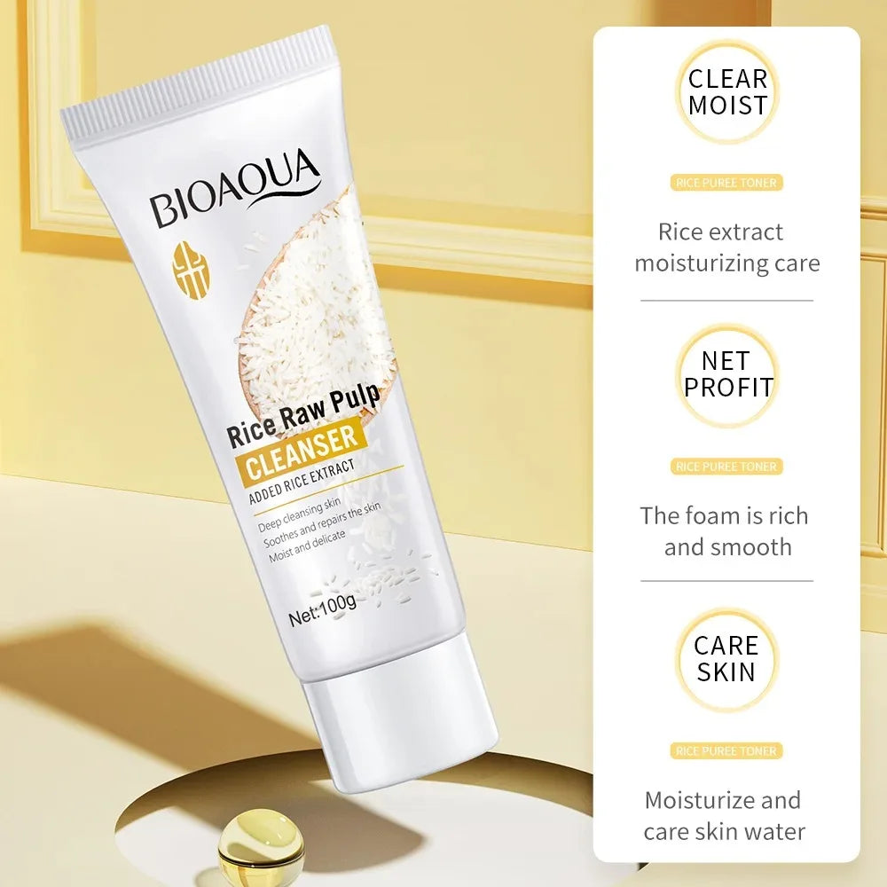 BIOAQUA Rice Raw Pulp Facial Cleanser Face Wash Foam skincare Moisturizing Skin Brightening Rejuvenation Face Cleanser Skin Care Halalzen