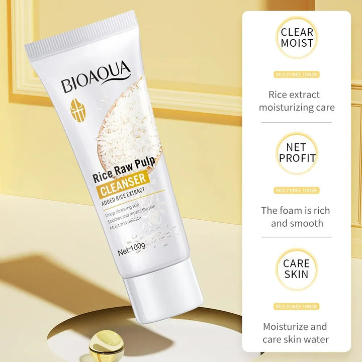 BIOAQUA Rice Raw Pulp Facial Cleanser Face Wash Foam skincare Moisturizing Skin Brightening Rejuvenation Face Cleanser Skin Care Halalzen