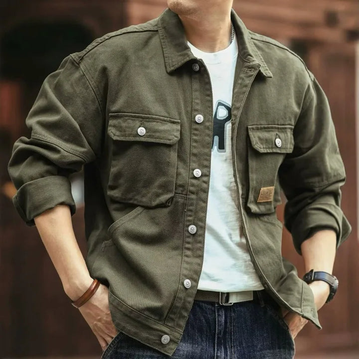 Heavy Washed Denim Cargo Jackets For Man, Plus Size Men's Jeans Jackets, American Retro Lapel Workwear Coat Men