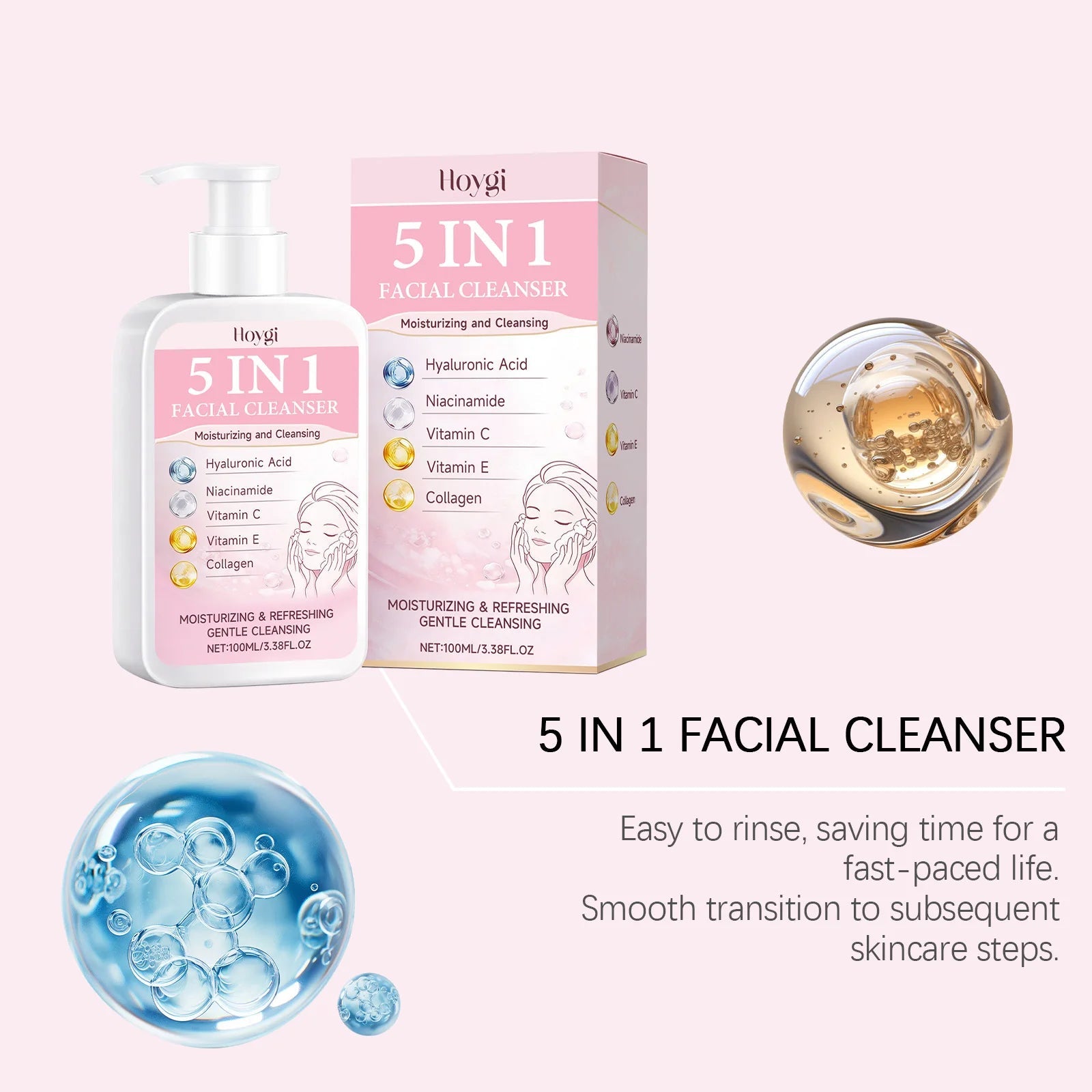 5-in-1 Moisturizing Cleanser - Rich Foam Light Texture Mild Non-Irritating Daily Gentle Hydrating Facial Cleansing Cream Halalzen