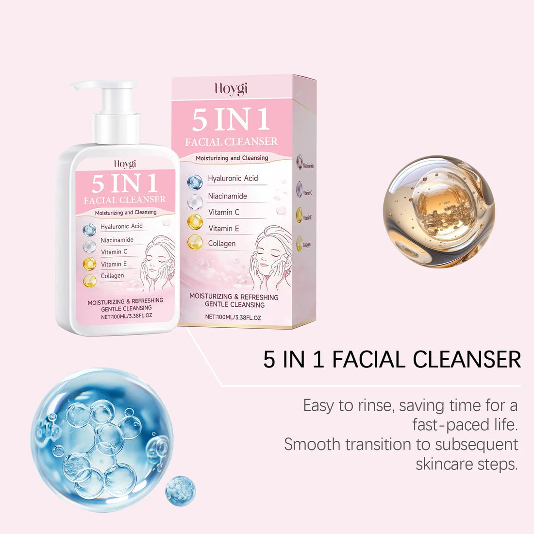 5-in-1 Moisturizing Cleanser - Rich Foam Light Texture Mild Non-Irritating Daily Gentle Hydrating Facial Cleansing Cream Halalzen