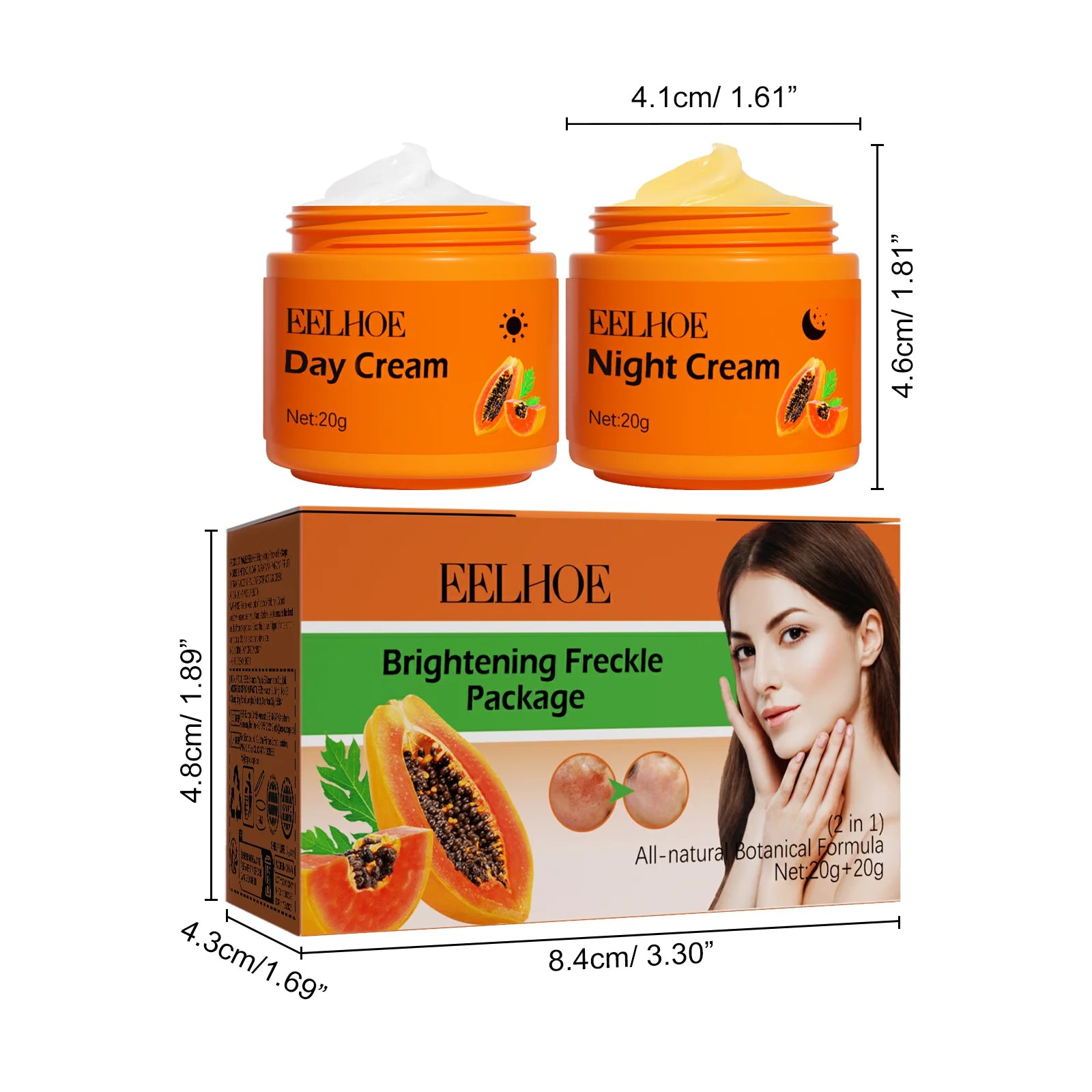 Papaya Brightening Freckle Face Cream Set Day Night Sun Spots Corrector Fade Pigment Brighten Skin Tone Day & Night Moisturizer