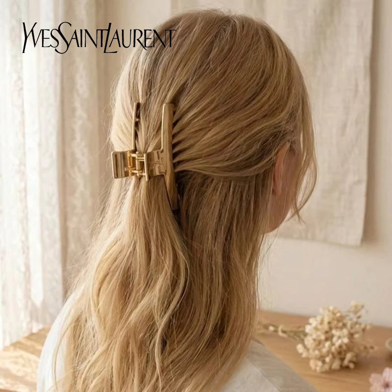 YSL Saint Laurent Hair Barrette Gold Metal Clip, Made in France French Luxury Original Box Hair Accessory Gift for Women Girls