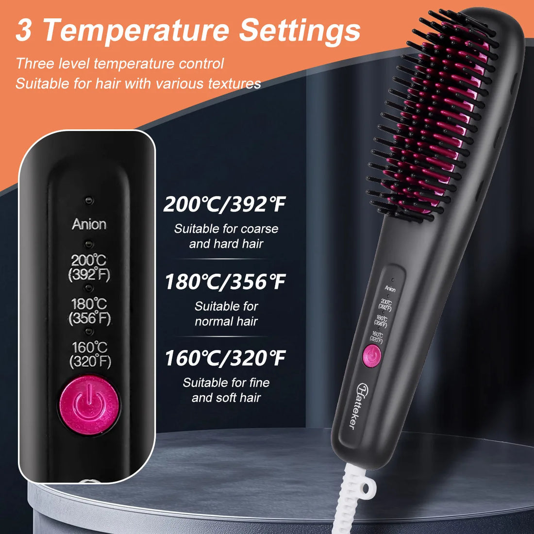 Hatteker Portable Home Use Negative Ion Straightening Comb Multi-temperature Adjustable Hair Styling Tool for Smooth Shiny