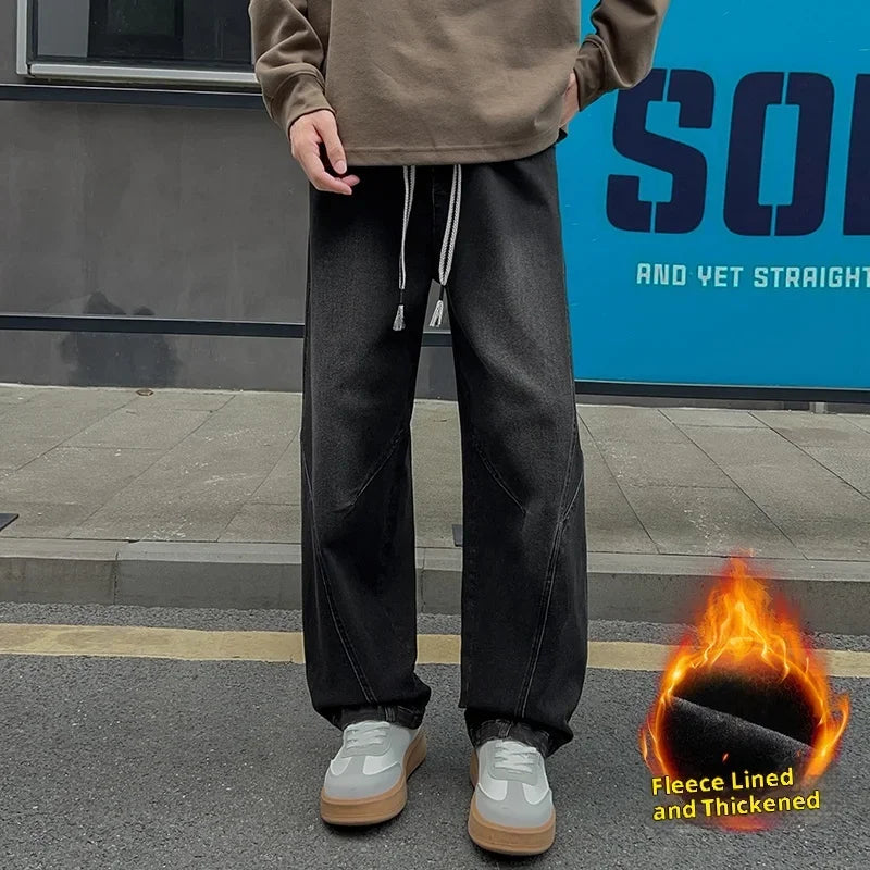 New Men's Fleece-Lined Wide-Leg Jeans Winter Vintage Washed Elastic Drawstring Waist Denim Trousers Men 8XL Loose Fit Jean Pants HALALZEN