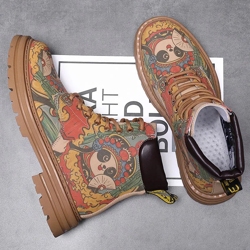 Chinese national treasure Panda Graffiti men's boots Leather casual punk cowboy motorcycle big yellow boots fashion boots