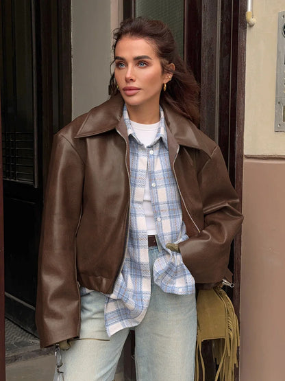 Retro motorcycle style wine red PU leather jacket for women 2025 autumn fashion matte leather jacket jacket