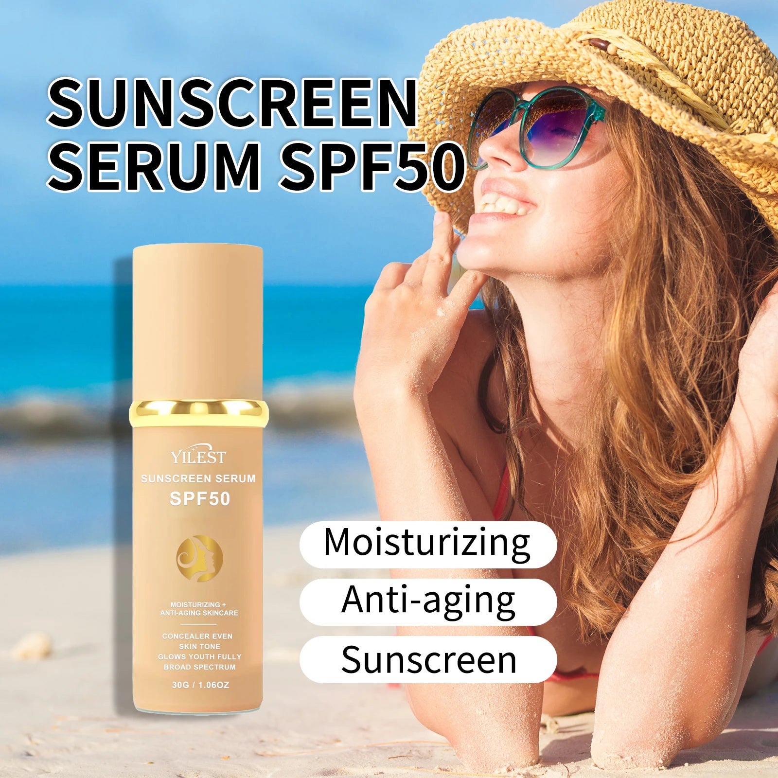 30g YILEST SPF50 Sunscreen Serum, 2‑in‑1 Makeup & Moisturizer, Light Tinted Foundation for Daily Outdoor Use