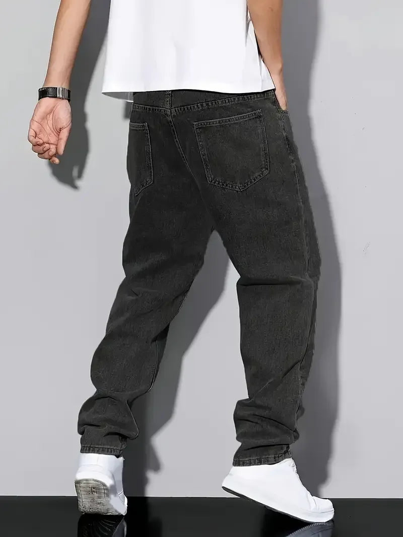 [Classic Black Denim Jeans] Classic Black Denim Jeans - Cotton Blend, Versatile All-Season Wear, Non-Stretch Fabric, Regular Fit