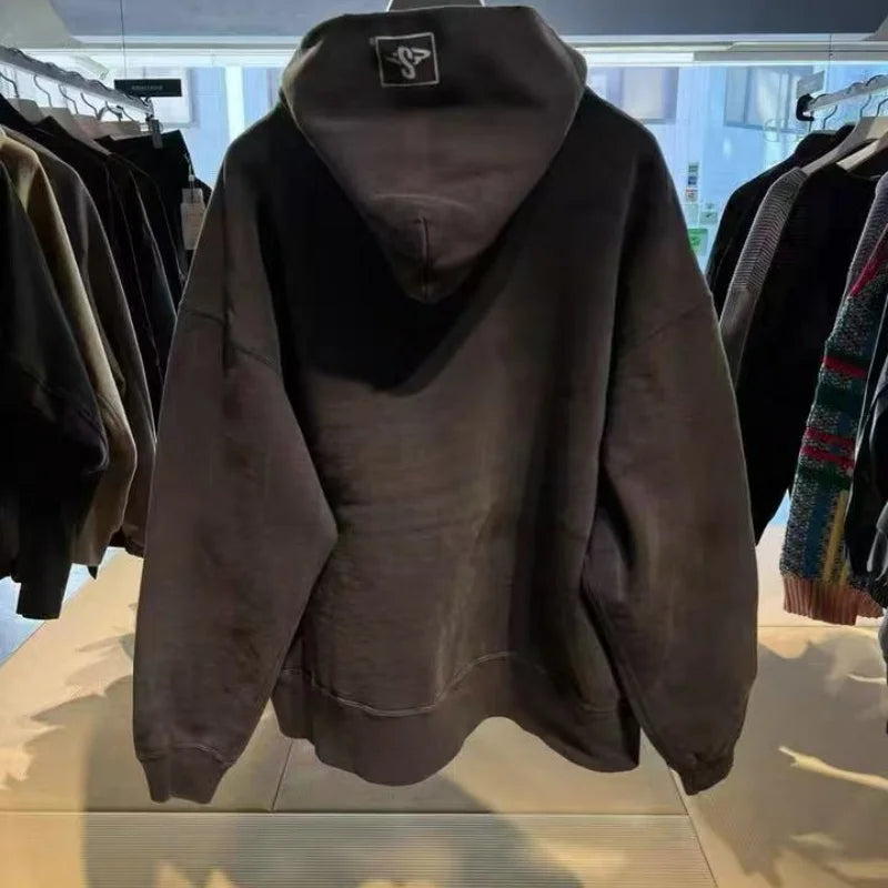 Saint Letter Print Hoodie Vintage Distressed Design Autumn Winter Warm Mens Loose Casual Sweatshirt