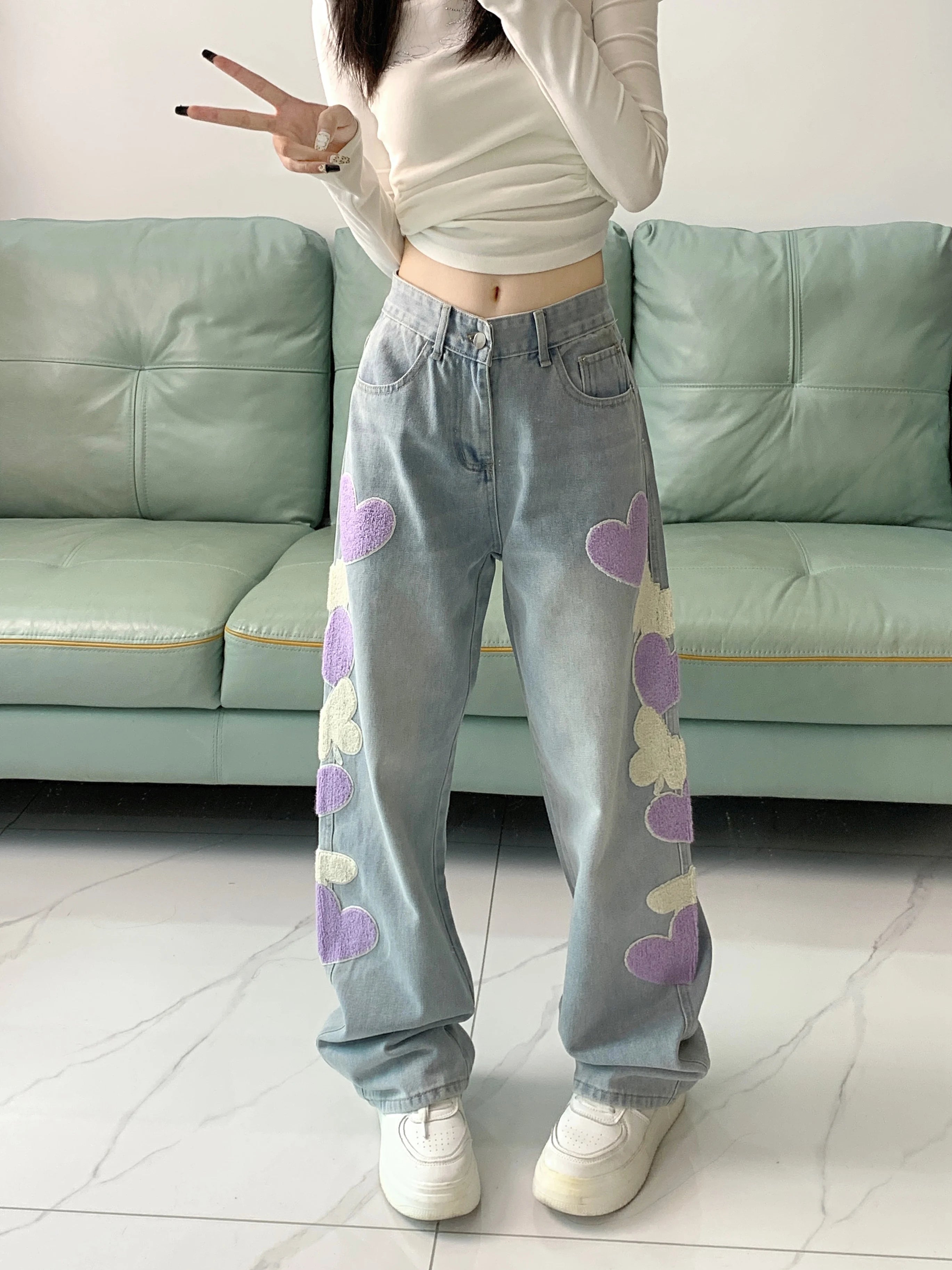 Light Blue Jeans Women's Design Embroidered Loose Casual Wide-Leg Straight Long Pants