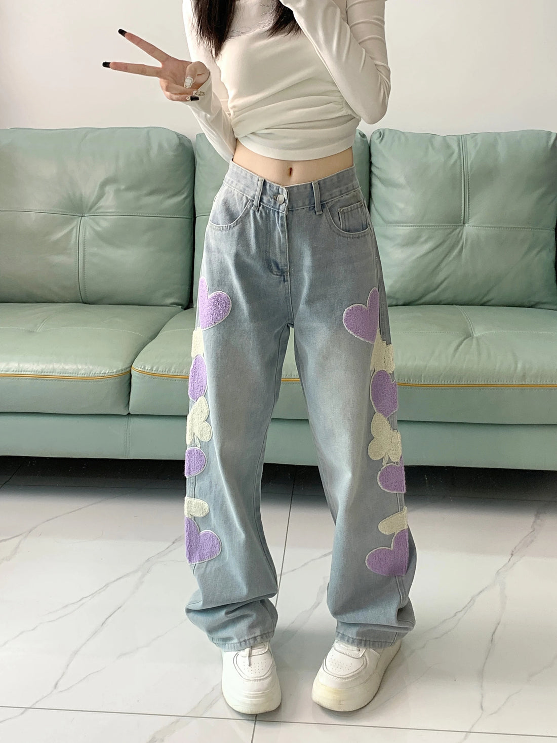 Light Blue Jeans Women's Design Embroidered Loose Casual Wide-Leg Straight Long Pants