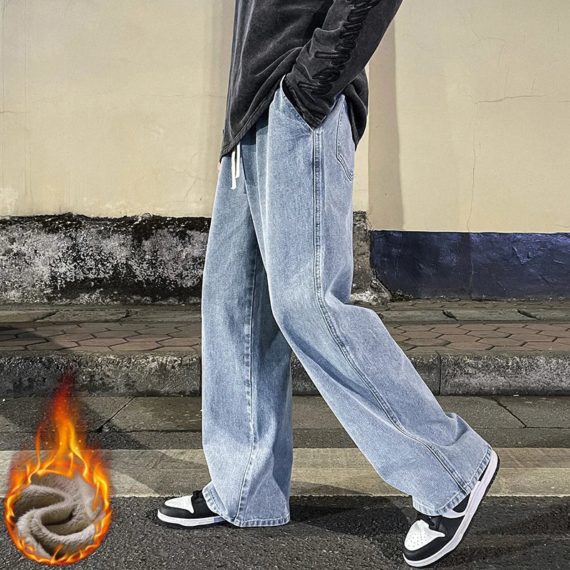 Winter Fleece Loose Jeans,  Loose Straight Velvet Warm and Comfortable Elastic Waist Wide Leg Pants Brand Men's Clothing
