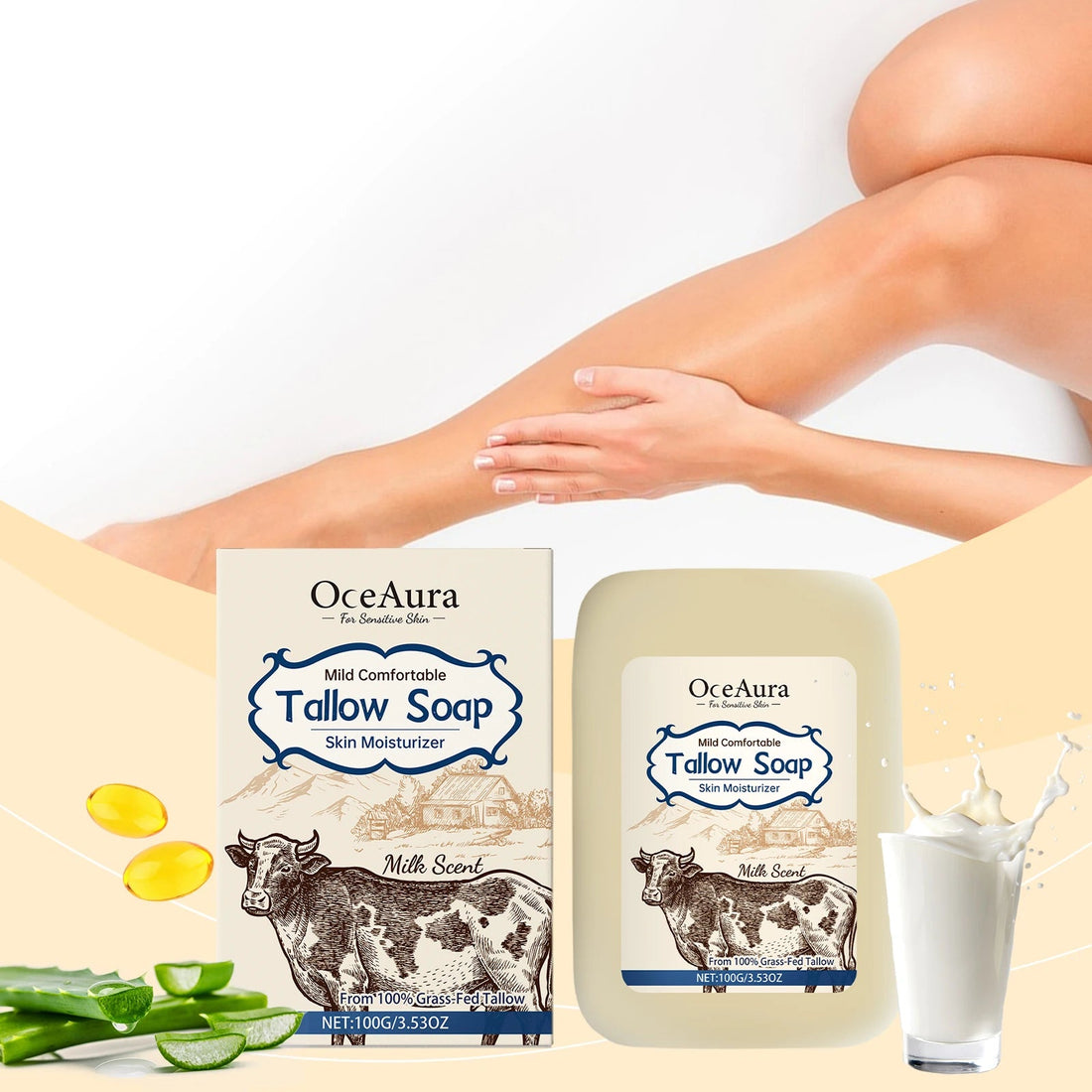 OCEAURA Tallow Soap, Beef Tallow Soap, Pure Tallow Balm Soap Bar for Sensitive Skin - Moisturizes, Soothes, and Hydrates 100g Halalzen