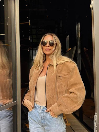 Full Sleeve Zipper Cropped Suede Jacket Women Casual Lapel Pocket Loose Thin Coat 2025 Autumn Lady Highstreet Commute Outwear
