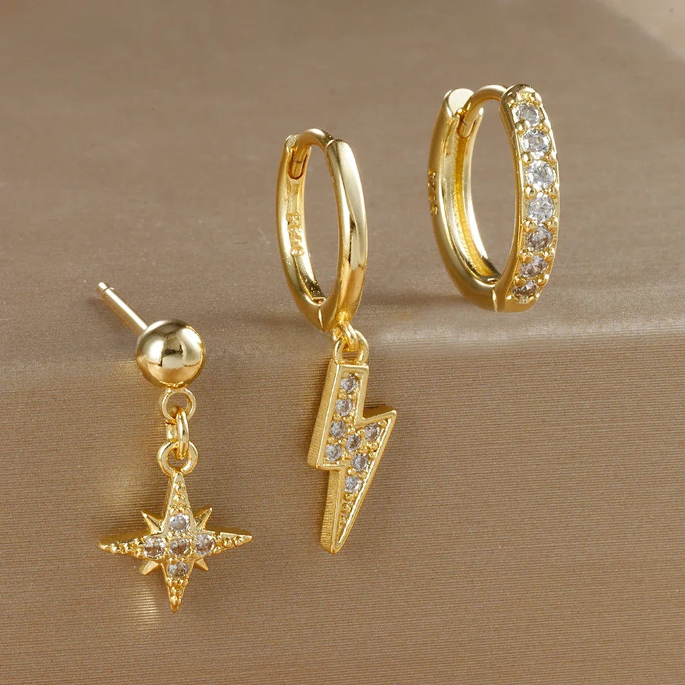 3PCS Luxury Star Pendant Piercing Earrings Set For Women Stainless Steel Zircon Punk Ear Studs Earring Lady Jewelry aretes