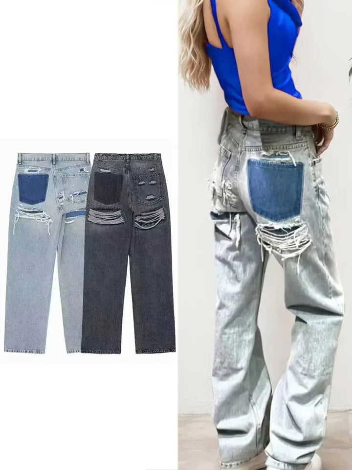 TRAFZA Women Fashion Broken Holes Decorated Denim Pant Jeans High Waist Zipper Trousers Vintage High Street Lady Wide leg Jeans