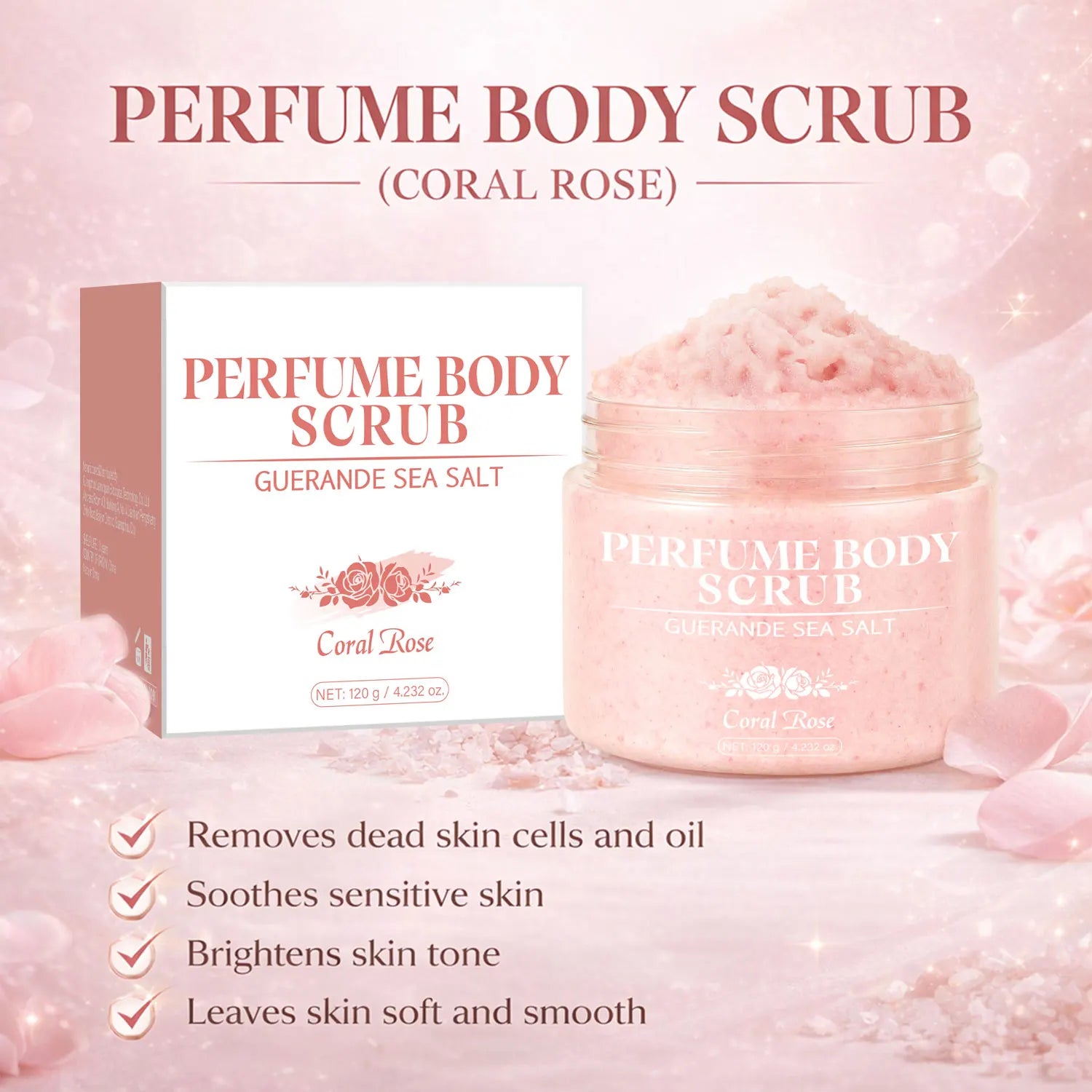 120g Sea Salt Perfume Exfoliating Body Scrub for Smooth Skin Body, Brighten Skin Tone,Amber & Vanilla Scent, Coral Rose Scent