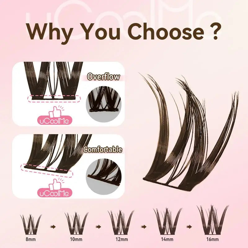 uCoolMe Lashes Brown Flora Long-lasting Waterproof Wispy Clusters Kit with Bond and Seal Remover Beginner Friendly Makeup Tool