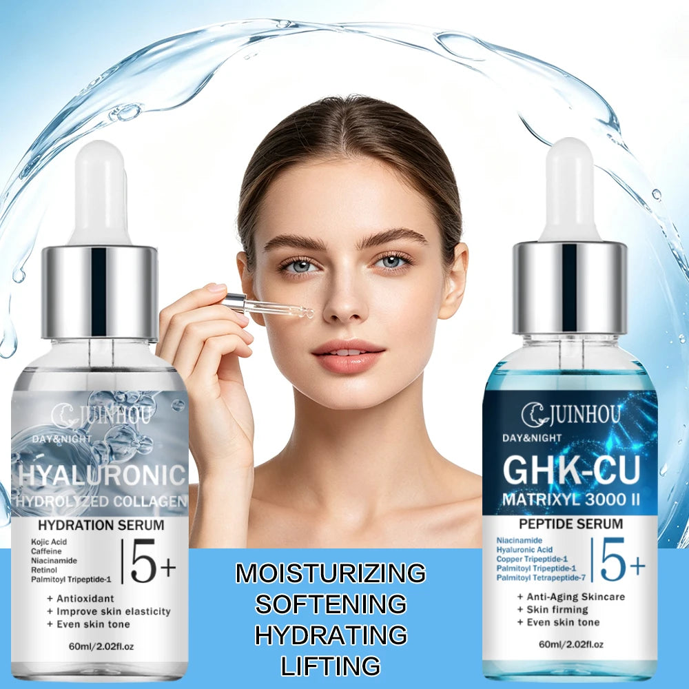 JUINHOU 2Pcs Skin Face Serum Copper Peptide Hyaluronic Acid Plumping Brighten Smooth Skin Deep Hydration Daily Facial Care