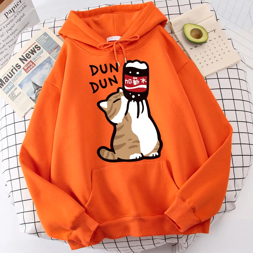 Cartoon Cat Drink Salary Increase Beverages Mens Hooded Jacket Casual Cartoon Hoodies Pleasure Sweatshirts Home Harajuku Tops