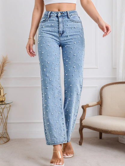 Women's New Fashionable and Versatile Pearl Straight Jeans, Five-Pocket Design, Machine Washable, Basic Style, Suitable for All