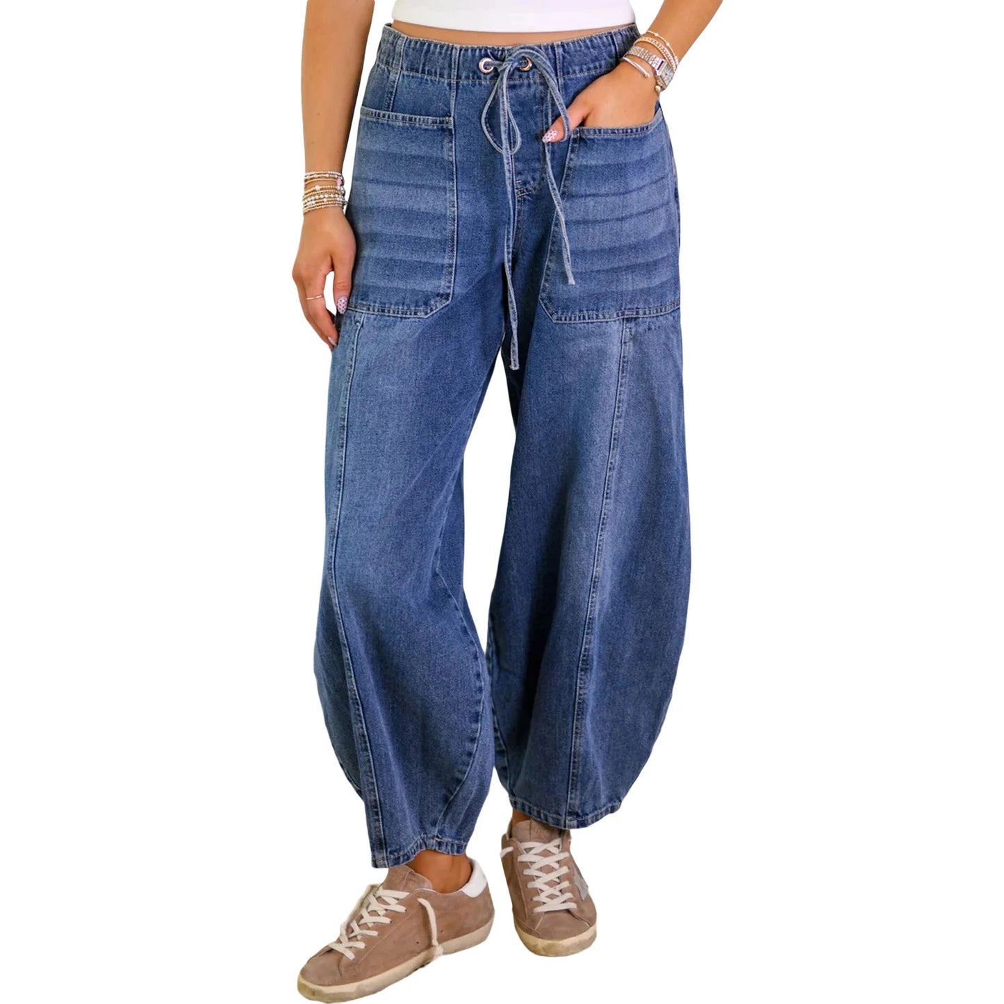 Women s High Waisted Denim Jeans Stretchy Elastic Waistband Tie-up Loose Fit Pants with Pockets Perfect for Everyday Street