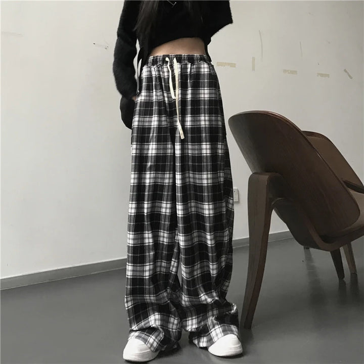 Oversize-Sweatpants für Damen, modische schwarze Karohose, lässige Hose mit elastischem Bund und Taschen, Unisex-Hip-Hop-Hose, locker geschnitten