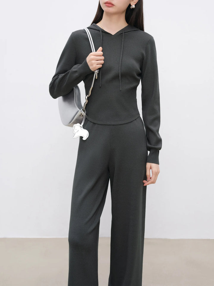 ZIQIAO Petite Size Casual Hooded Knitwear Pants Suit Women Fall Winter New Drapy Pants Two-piece Set 24ZQ94097+24ZQ94098