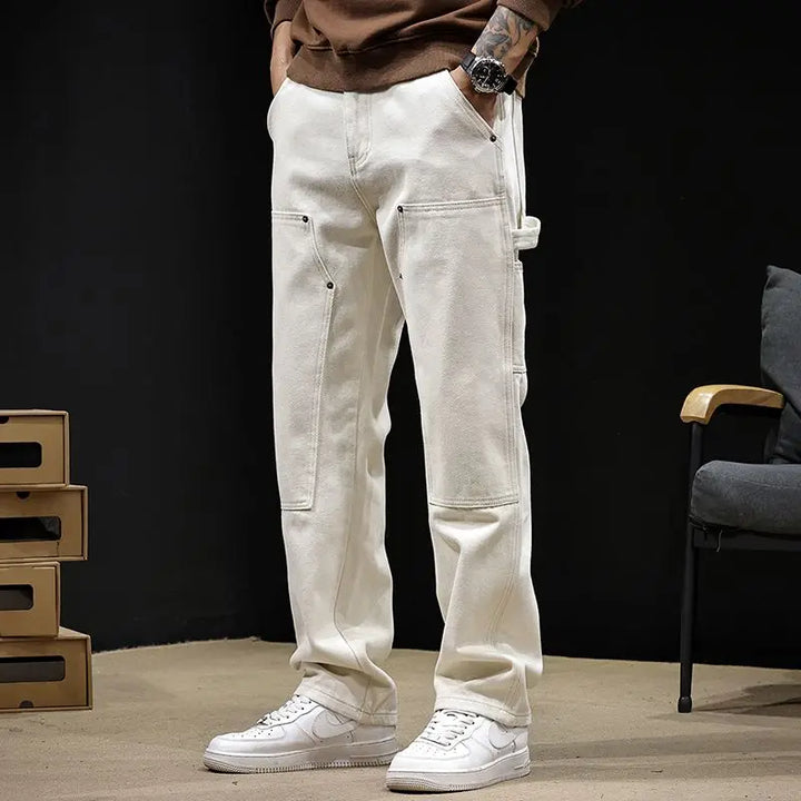 White Workwear Thigh Patch Jeans Men's New Woodcutter Rivet Straight Denim Pants Spring Autumn American Retro Cotton Cargo Pants