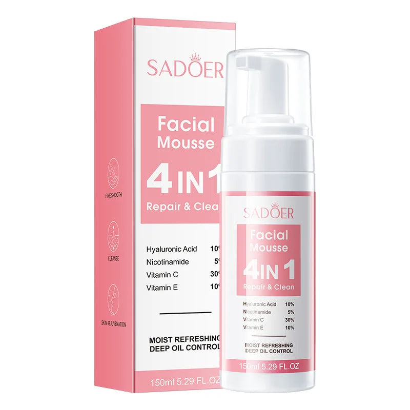 SADOER 4 in 1 Facial Mousse Face Wash Foam Facial Cleanser Moisturizing Whitenting Hydrating Face Cleansing Skin Care Halalzen