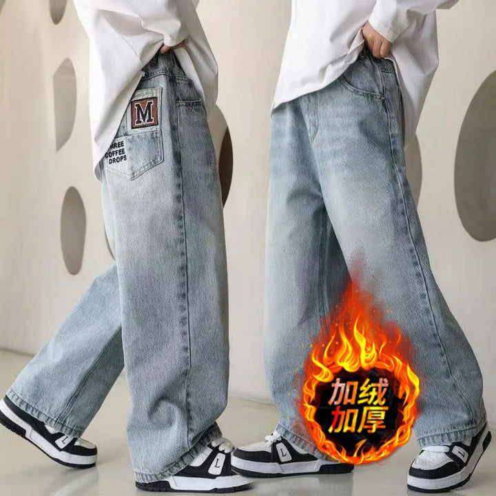 Boys Winter Warm Jeans New Style Teenage Children Trendy Brand Loose Straight Leg Fleece Denim Pants Kids Loose Trousers