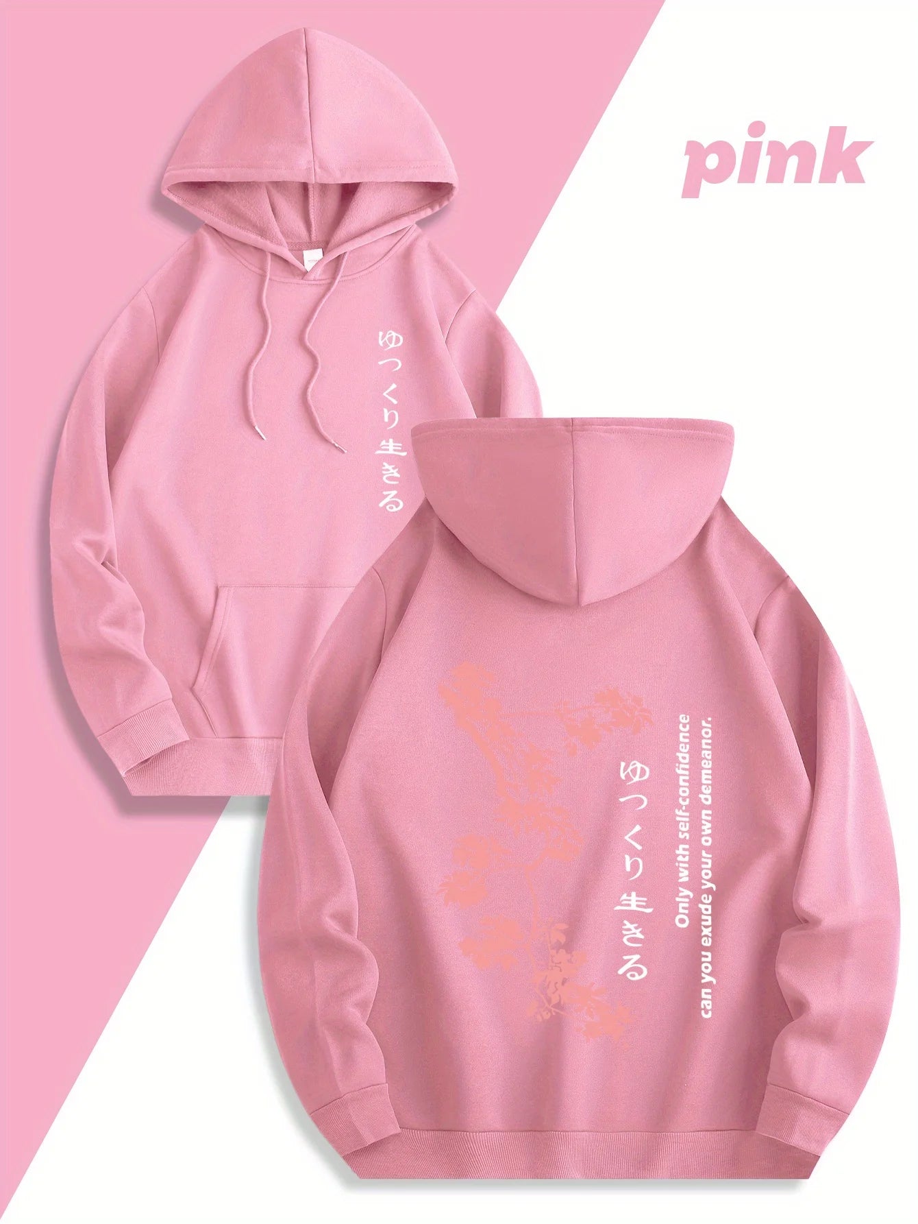 New casual hoodie with Tokyo cherry blossom print, slightly stretchy fabric, regular fit, drawstring, unisex, autumn and winter