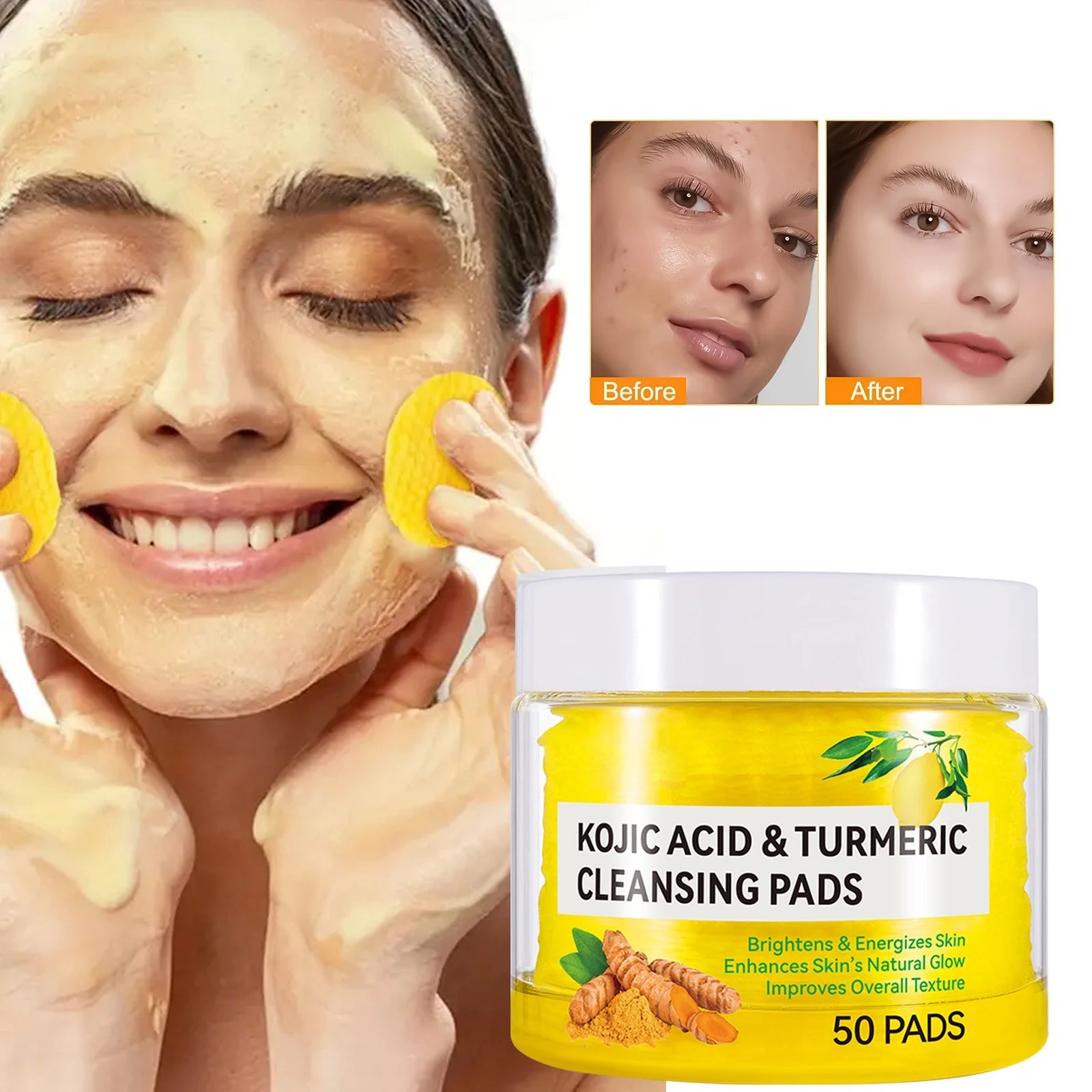 50pcs Kojic Acid Turmeric Cleansing Pads Curcuma Longa Root Facial Sponges Exfoliating Pads Daily Cleansing Skin Care Product Halalzen