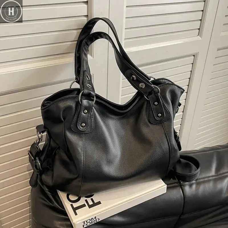 Ladies Large Capacity Brand Handbag Pu Leather Women's Retro Tote Bag Korean Fashion Shoulder Bag Winter White Zipper Handbag HALALZEN