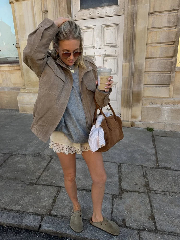 Fashion Stand Collar Suede Jacket Women Long Sleeve Pockets Zipper Loose Bomber Jacket 2025 Autumn Lady High Street Outwear