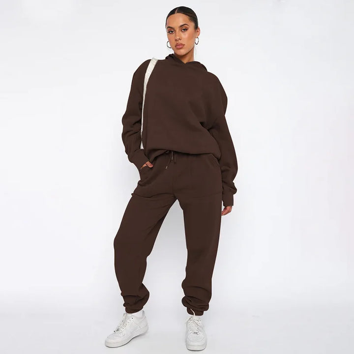 Casual Hooded Sweatshirt Long-sleeved Women's Set Autumn Winter Fashion Pocket Elastic Waist Tie Loose Sport Trousers 2piece Set