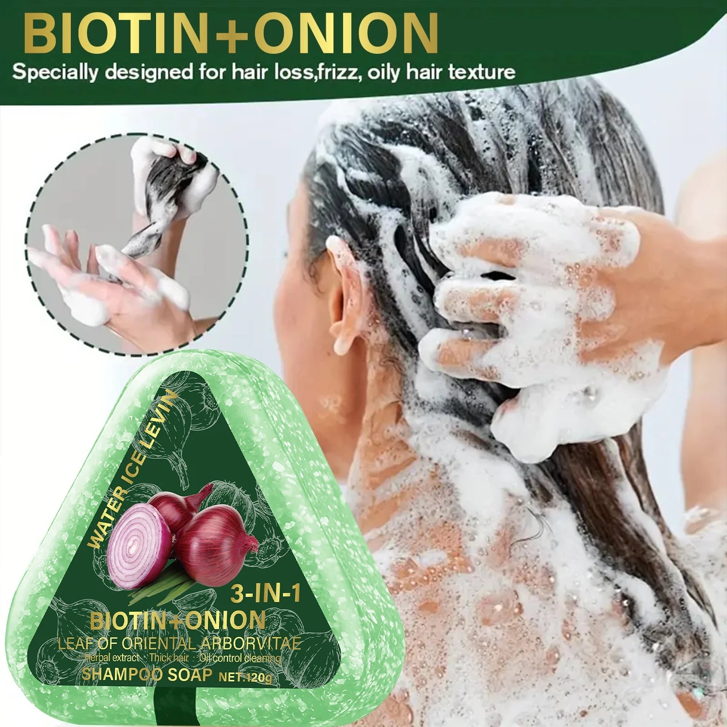 Biotin Onion Hair Soap. 3-in-1 Formula. Plant Extracts Deep Cleaning. Healthy Black Shine. Smooth Non-Stick Comb. 120g Net. Halalzen