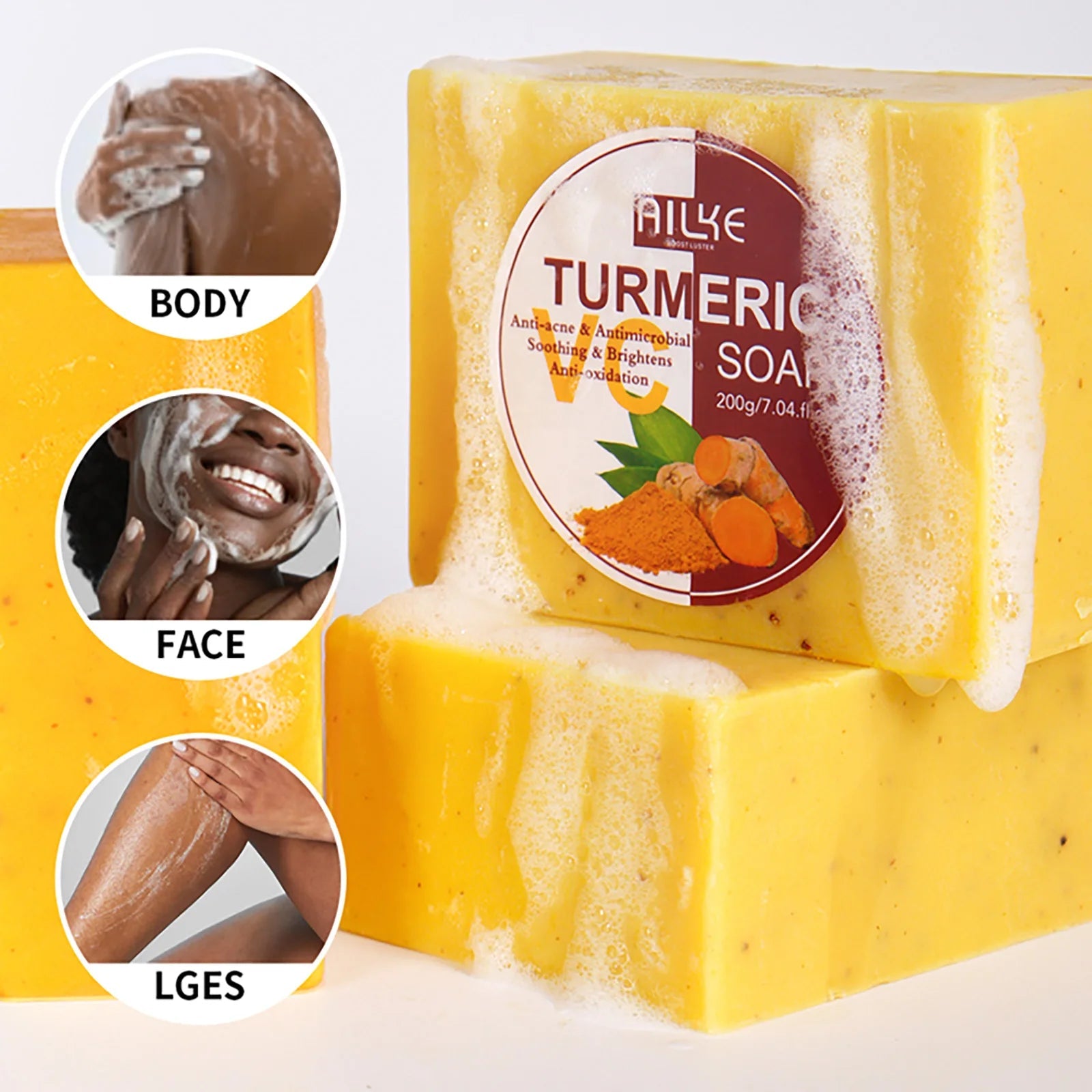 AILKE Natural Turmeric Soap for Face & Body, Whitening, Clean Stains, Even Skin Tone, Remove Acne, Age Spot, Black Spot, 200g Halalzen