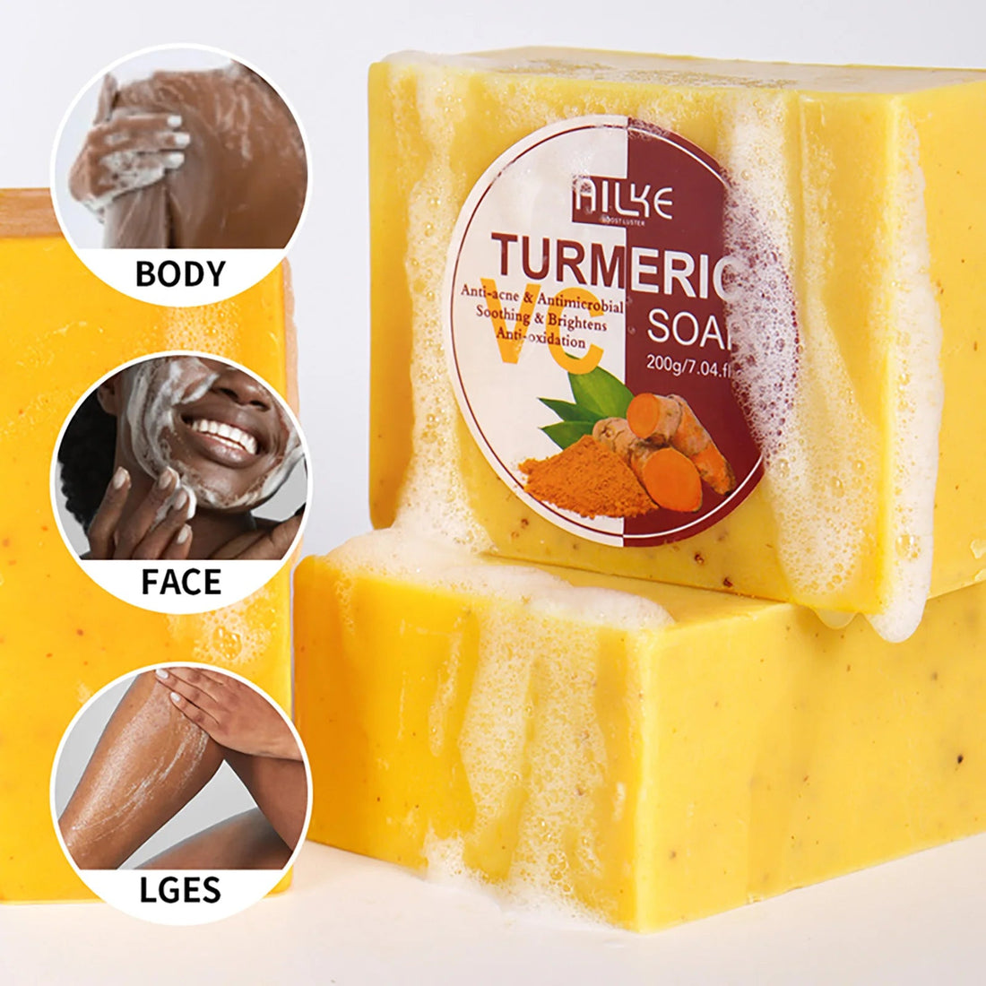 AILKE Natural Turmeric Soap for Face & Body, Whitening, Clean Stains, Even Skin Tone, Remove Acne, Age Spot, Black Spot, 200g Halalzen