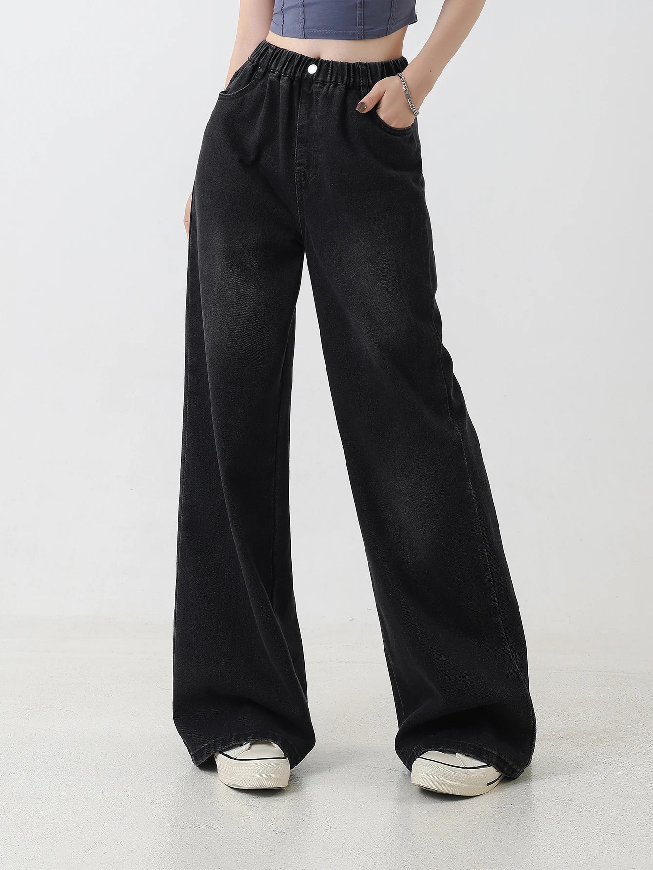 Preppy Style Versatile Black Washed Jeans for Girls – Vintage Loose Fit Straight-Leg Wide Pants, Trendy & Chic