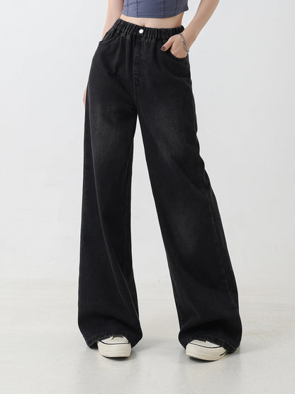Preppy Style Versatile Black Washed Jeans for Girls – Vintage Loose Fit Straight-Leg Wide Pants, Trendy & Chic
