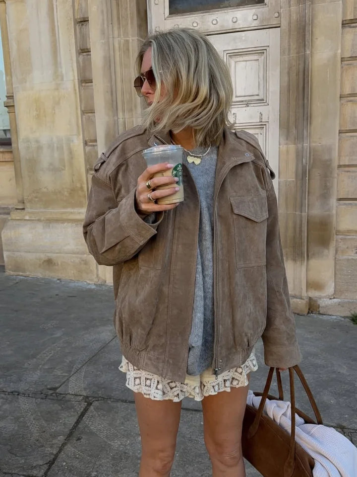 Fashion Stand Collar Suede Jacket Women Long Sleeve Pockets Zipper Loose Bomber Jacket 2025 Autumn Lady High Street Outwear