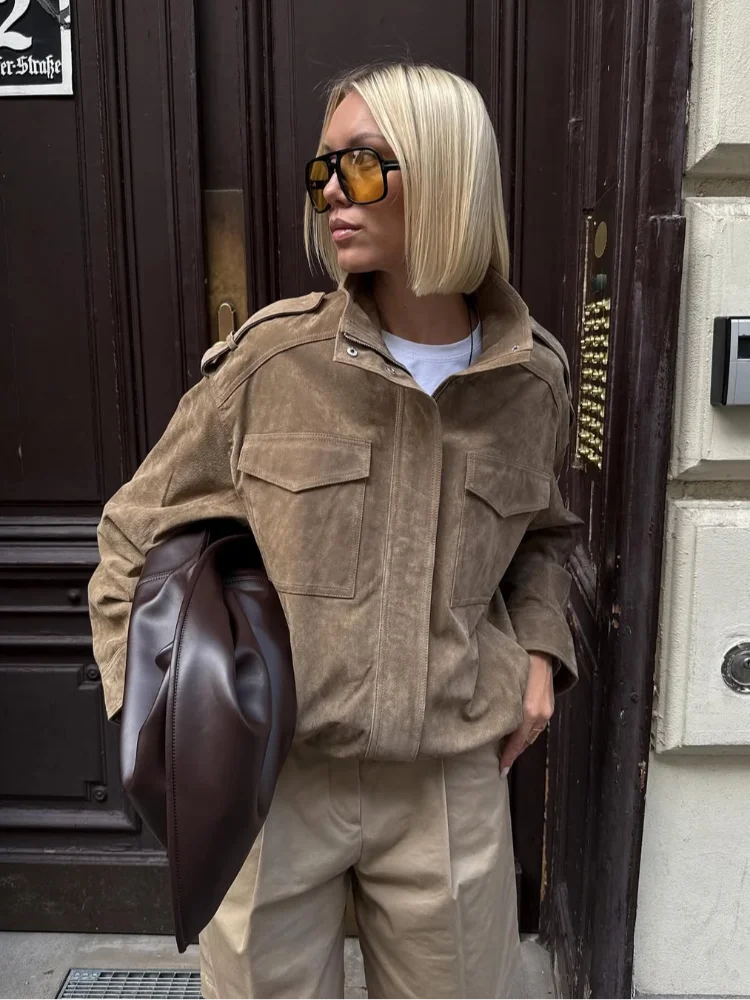 Fashion Stand Collar Suede Jacket Women Long Sleeve Pockets Zipper Loose Bomber Jacket 2025 Autumn Lady High Street Outwear
