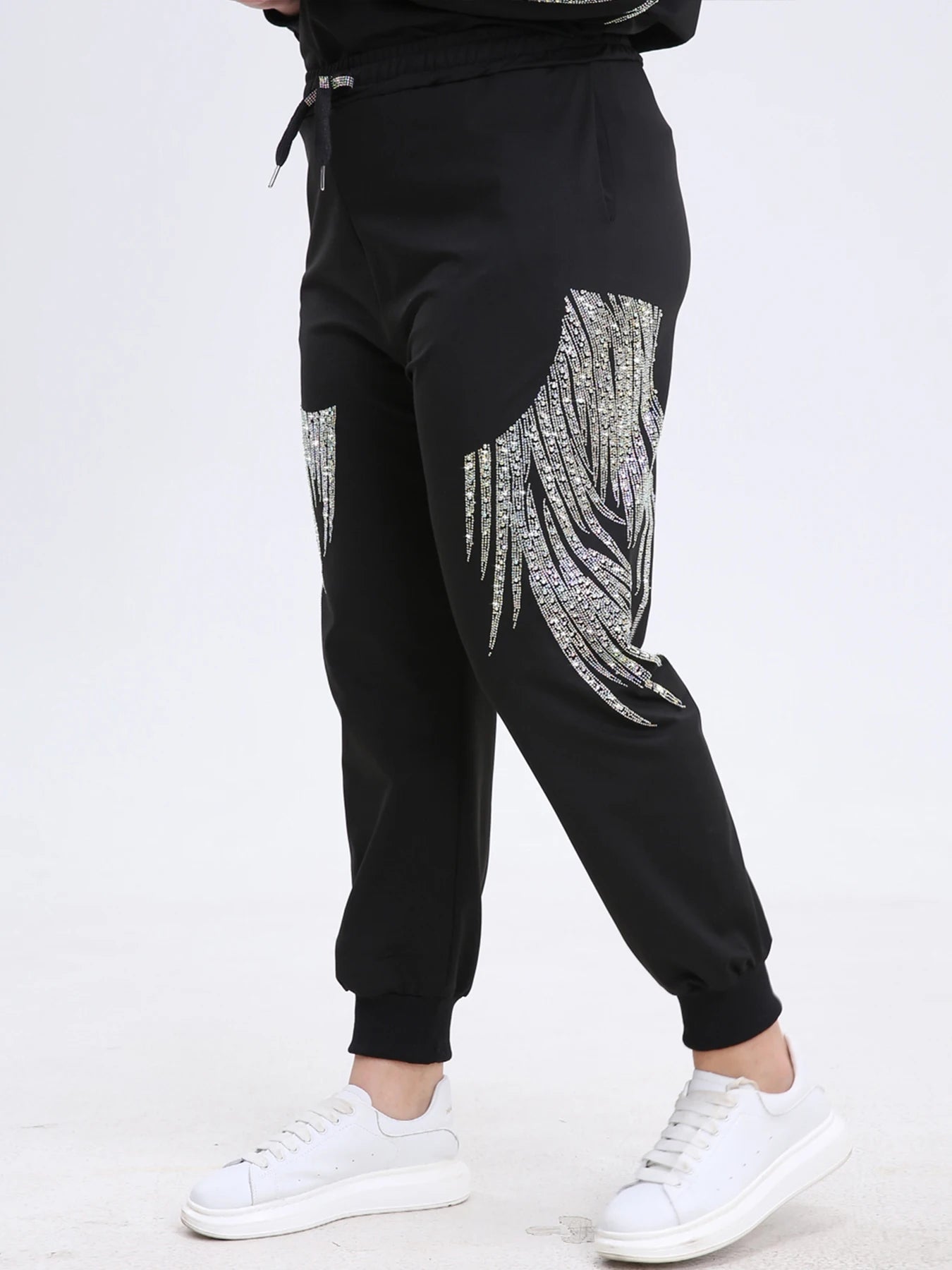 Plus Size Sweatpants for Women Drawstring Rhinestones Graphic High Waisted Joggers with Pockets Elastic Waist Casual