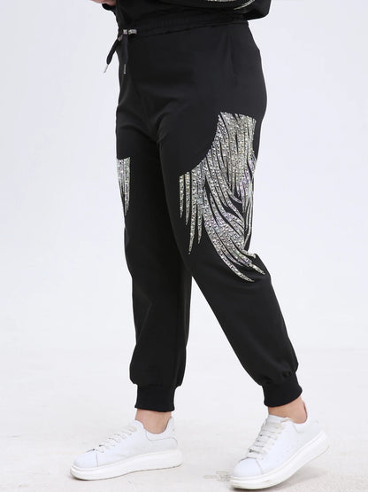 Plus Size Sweatpants for Women Drawstring Rhinestones Graphic High Waisted Joggers with Pockets Elastic Waist Casual