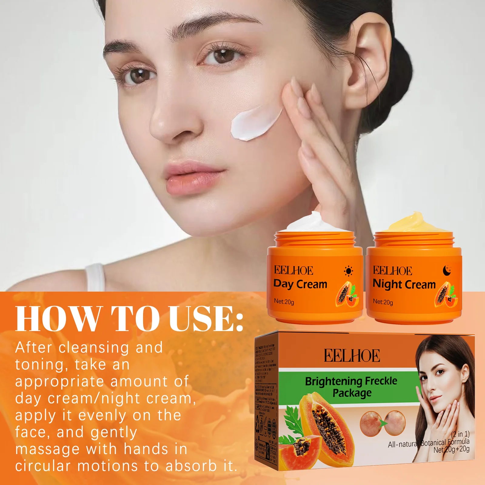 Papaya Brightening Freckle Face Cream Set Day Night Sun Spots Corrector Fade Pigment Brighten Skin Tone Day & Night Moisturizer